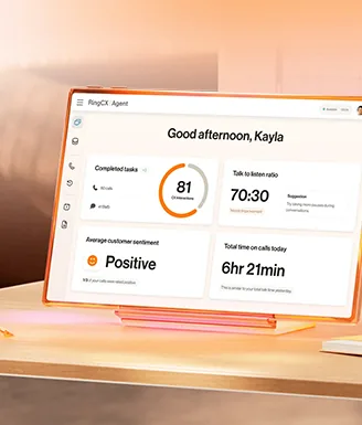 RingCX AI Contact Center dashboard on a tablet