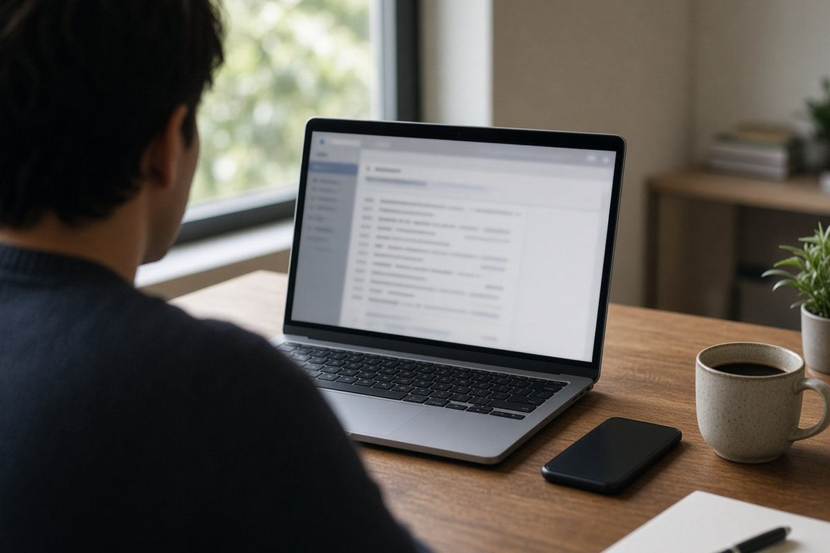 Person at a desk reading email on a laptop next to a smartphone and coffee mug