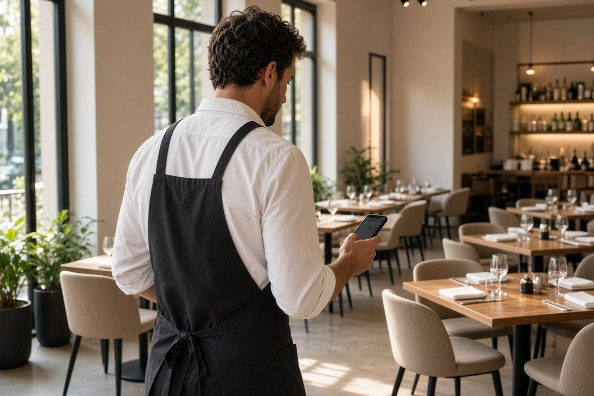 Restaurant manager in an apron checking a smartphone in an empty dining room before opening