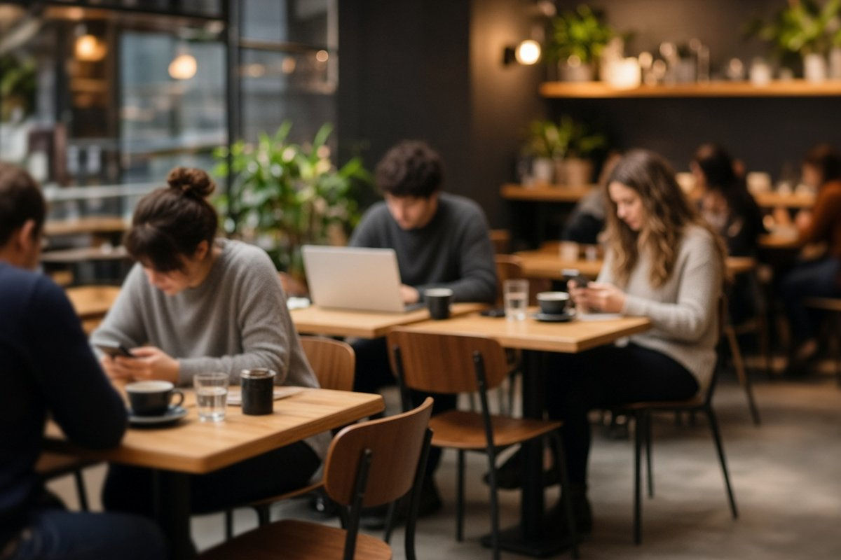 Busy casual restaurant with guests using laptops and smartphones at their tables