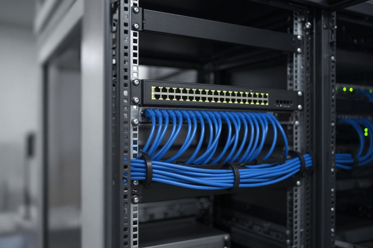 Tidy network rack with an unbranded switch and organized blue ethernet cables