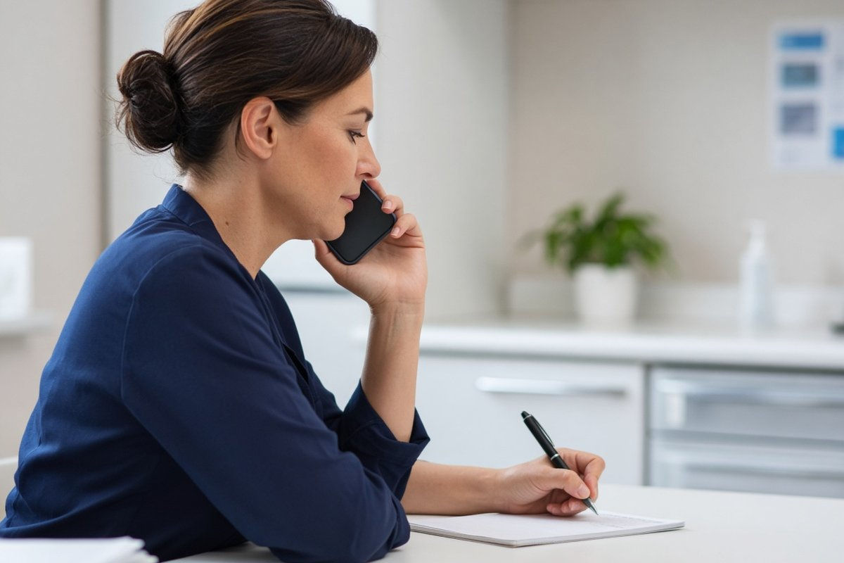 Clinic office manager listening to a phone message and taking notes on a paper pad