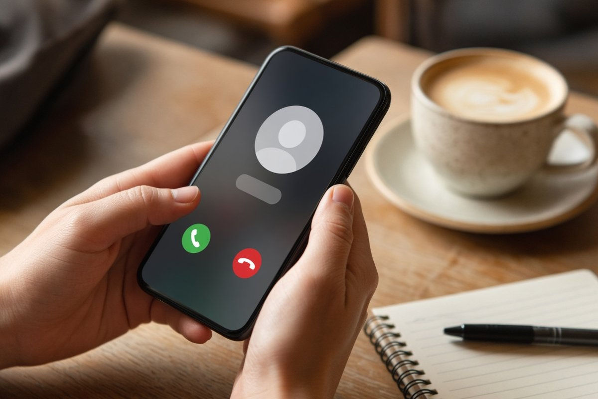 Hands holding a smartphone with an incoming call screen next to a coffee cup and notebook
