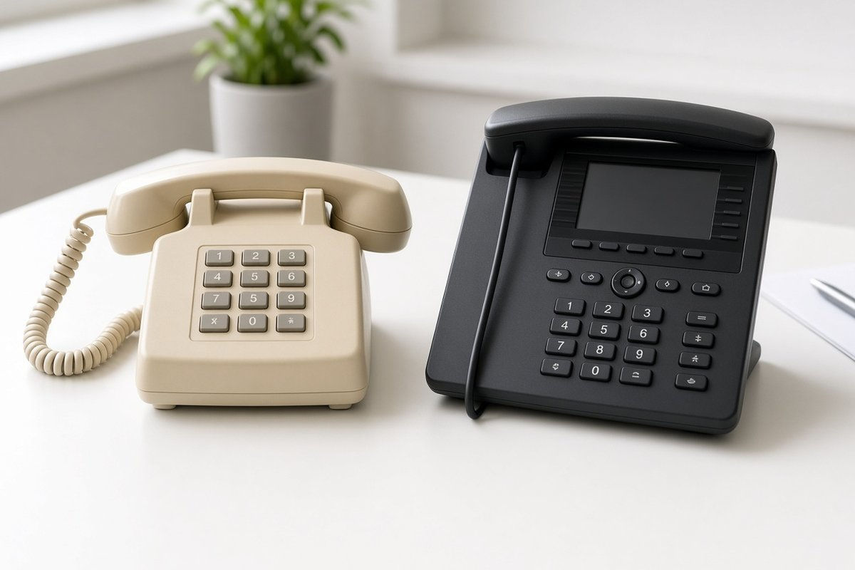 Old beige corded landline telephone next to a modern unbranded black IP desk phone on a white desk